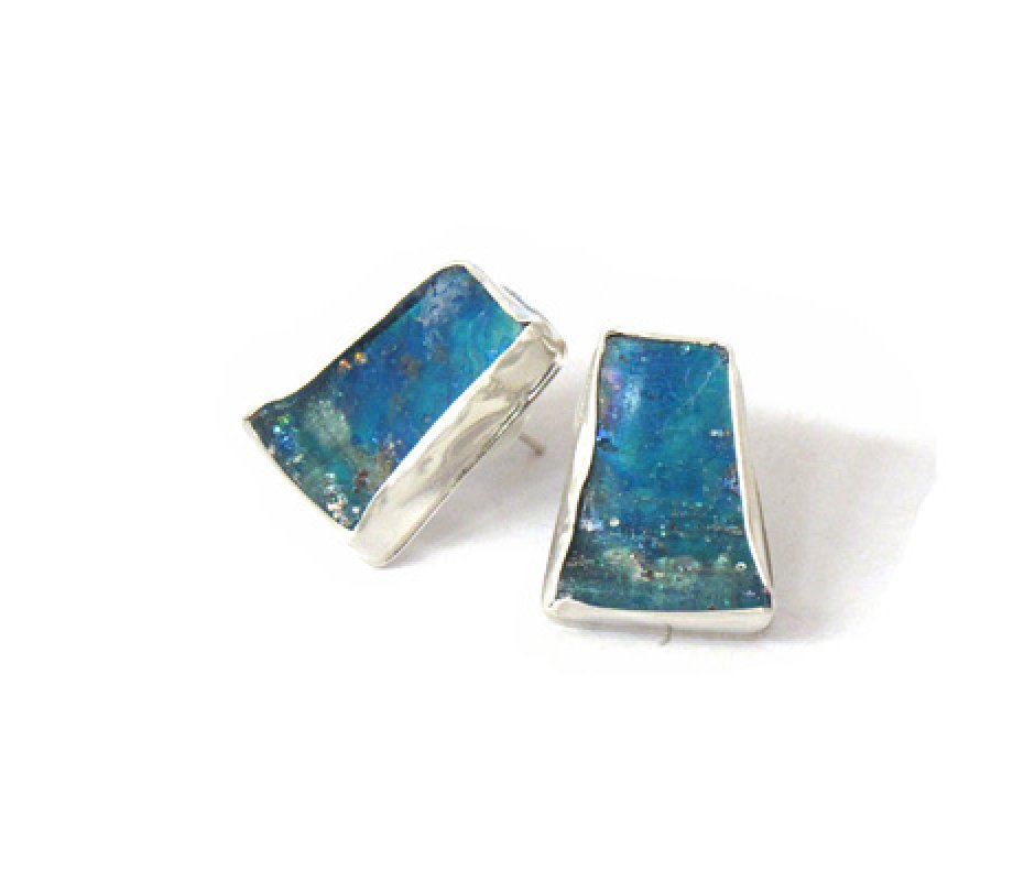 Michal Kirat, Handmade Sterling Silver Rectangle Stud Earrings, Roman Glass