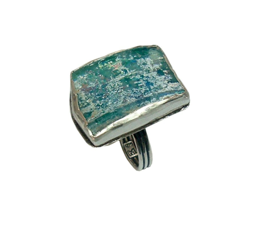 Michal Kirat, Handmade Sterling Silver Ring with Roman Glass - Adjustable Band