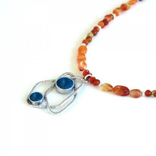 Michal Kirat Orange Carnelian Necklace with Roman Glass in Silver Fish Pendant