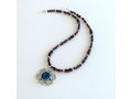 Michal Kirat Red Garnet Necklace with Pendant of Roman Glass in Silver Flower