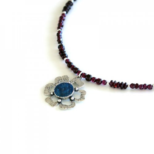 Michal Kirat Red Garnet Necklace with Pendant of Roman Glass in Silver Flower