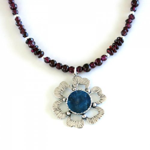 Michal Kirat Red Garnet Necklace with Pendant of Roman Glass in Silver Flower