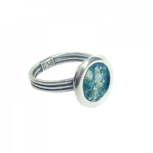 Michal Kirat Ring with Circular Roman Glass in Smooth Silver Frame