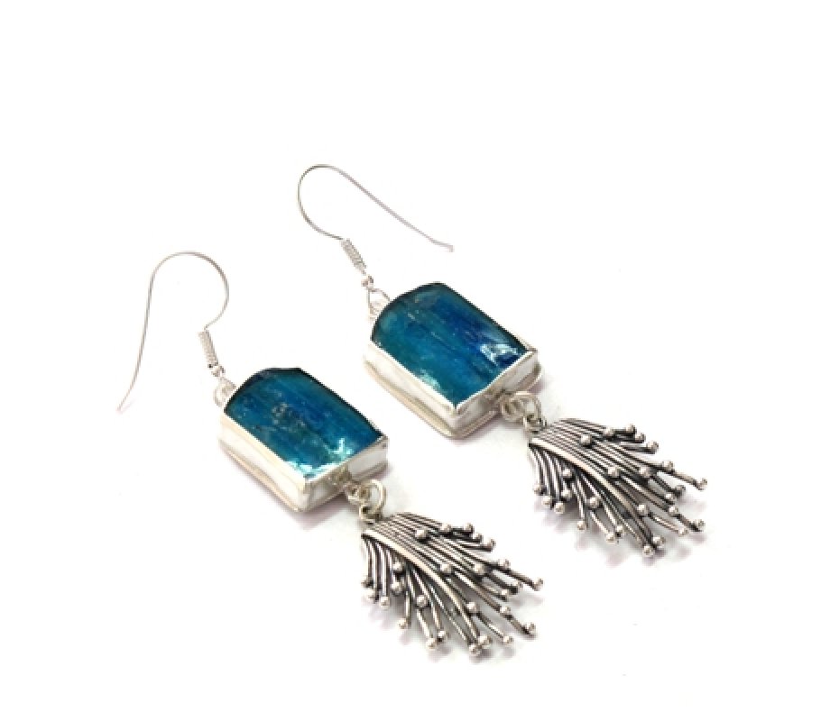 Michal Kirat Roman Glass Drop Earrings with Hanging Silver Waves Pendant