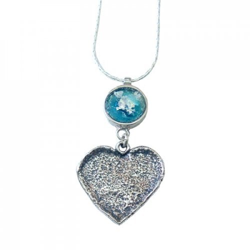 Michal Kirat Roman Glass Silver Necklace with Hammered Heart Pendant