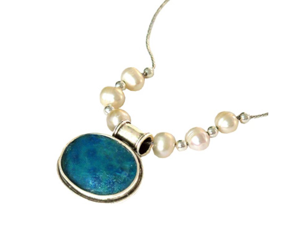 Michal Kirat Roman Glass Silver Necklace with Oval Pendant - Freshwater Pearls