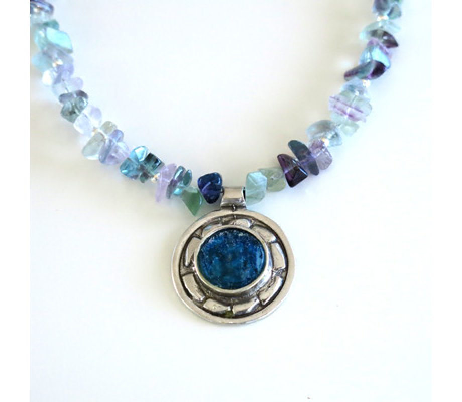 Michal Kirat Shimmering Fluorite Beads Silver Necklace with Roman Glass Pendant
