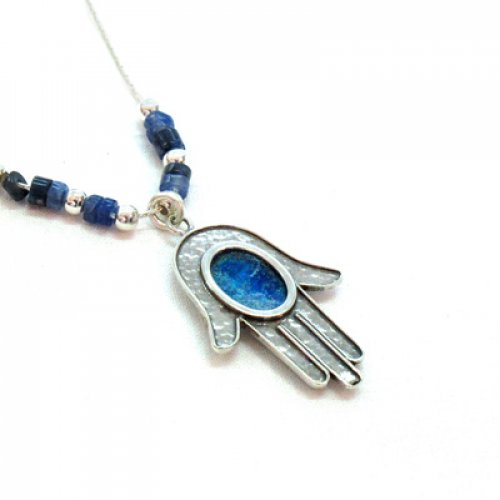 Michal Kirat Silver Hamsa with Roman Glass Decoration and Demorterite Beads