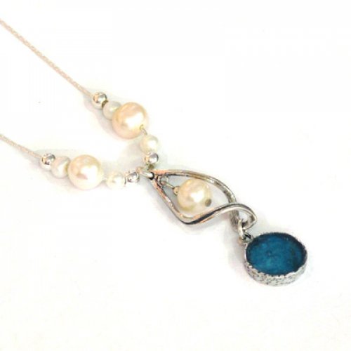 Michal Kirat Silver Necklace with Freshwater Pearls and Roman Glass Pendant
