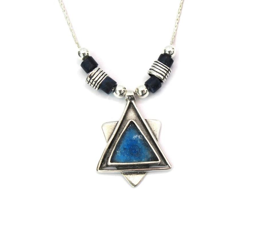 Michal Kirat Silver Necklace with Roman Glass Star of David and Demorterite Beads
