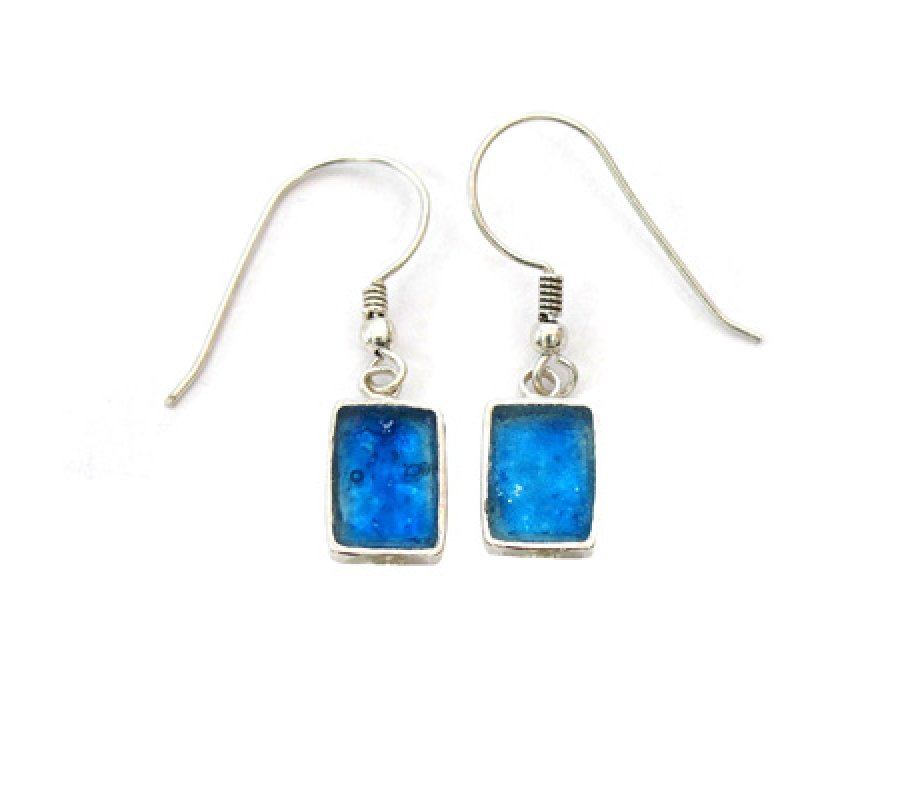 Michal Kirat Small Sterling Silver Drop Earrings, Roman Glass - Rectangle