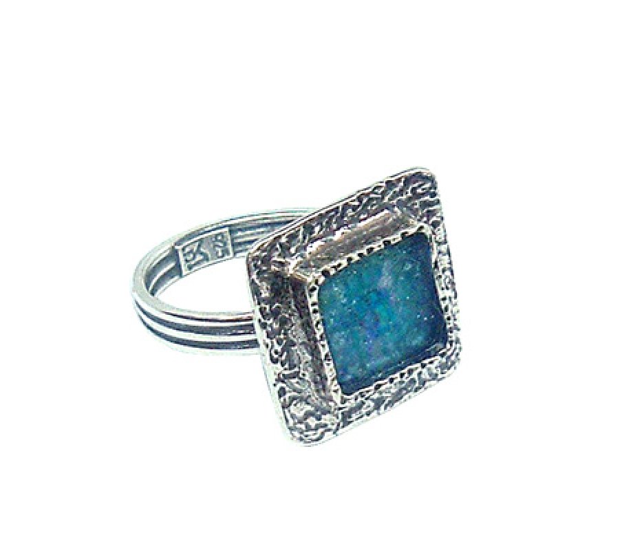 Michal Kirat Square Sterling Silver Ring, Textured with Roman Glass - Adjustable