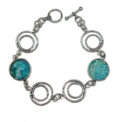 Michal Kirat Sterling Silver Bracelet, Circular Roman Glass Shards and Coil Links