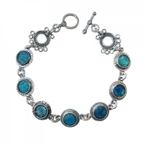 Michal Kirat Sterling Silver Bracelet, Circular Roman Glass in Hammered Frame