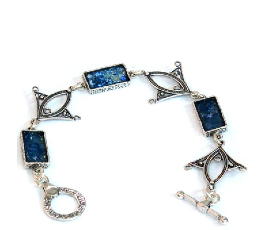 Michal Kirat Sterling Silver Bracelet, Fish Shapes with Filigree Roman Glass