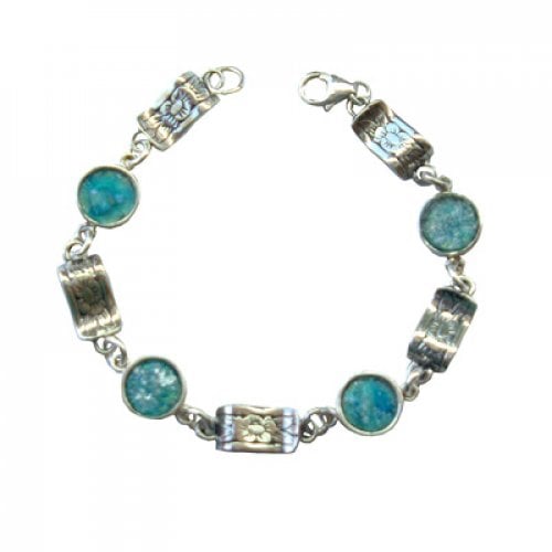 Michal Kirat Sterling Silver Bracelet with Circular Roman glass Decorative Discs