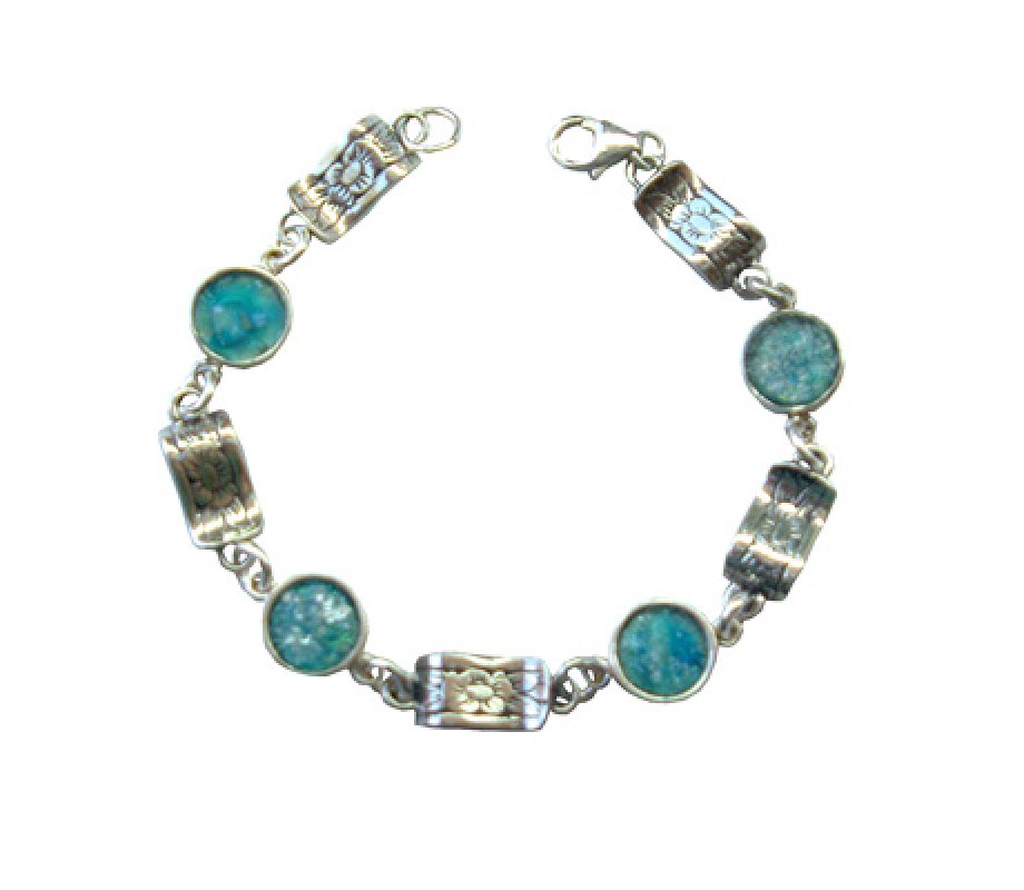 Michal Kirat Sterling Silver Bracelet with Circular Roman glass Decorative Discs