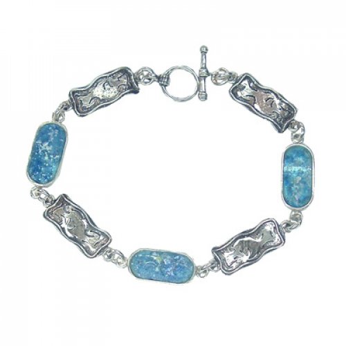 Michal Kirat Sterling Silver Bracelet with Oblong Roman Glass and Engraved Links