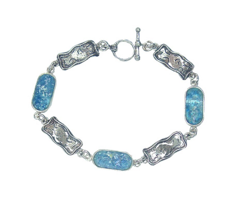 Michal Kirat Sterling Silver Bracelet with Oblong Roman Glass and Engraved Links
