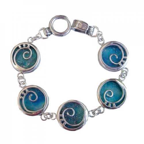 Michal Kirat Sterling Silver Bracelet with Roman Glass Discs in a Swirl Setting