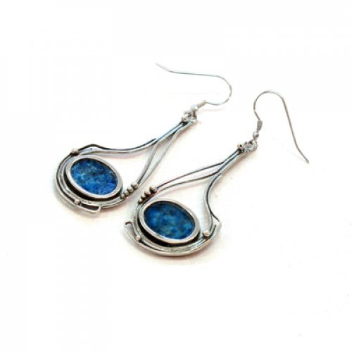 Michal Kirat Sterling Silver Dangle Hoop Earrings with Circular Roman Glass Inset