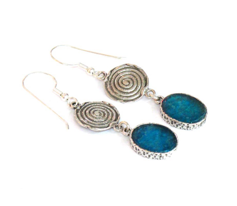 Michal Kirat Sterling Silver Dangle Roman Glass Earrings, Decorative Swirl Disc