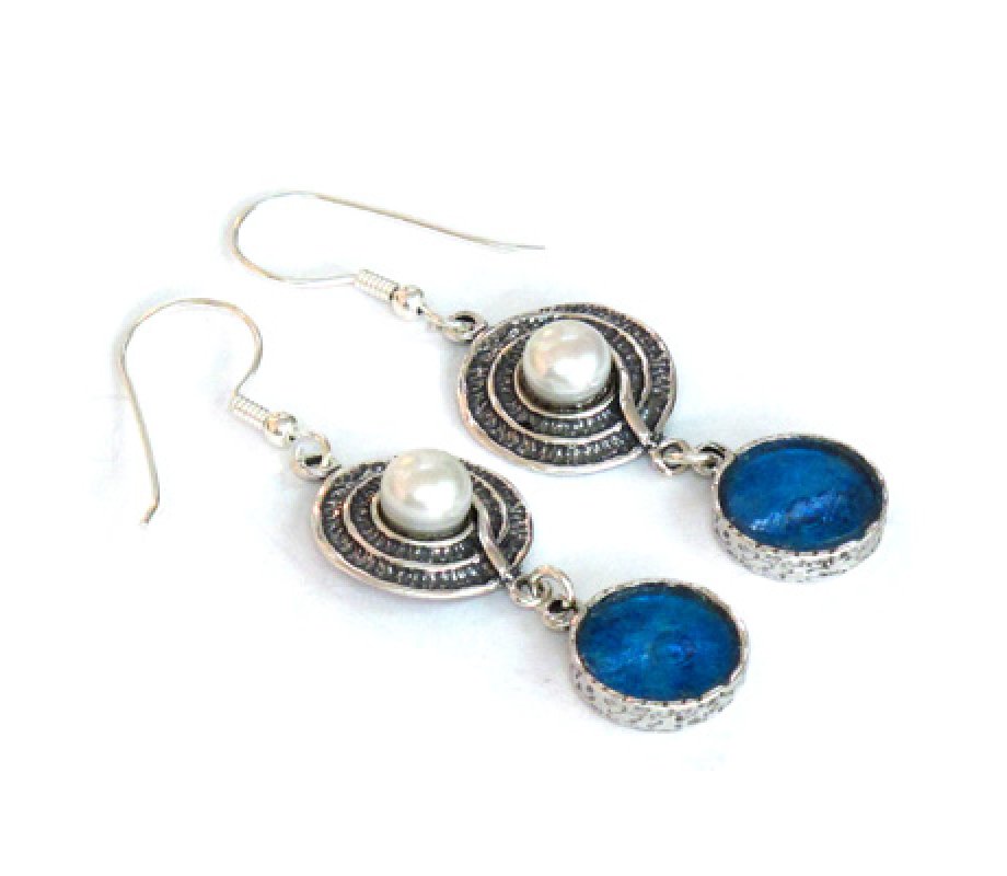 Michal Kirat Sterling Silver Dangle Roman Glass Earrings with Pearl on Circular Disc