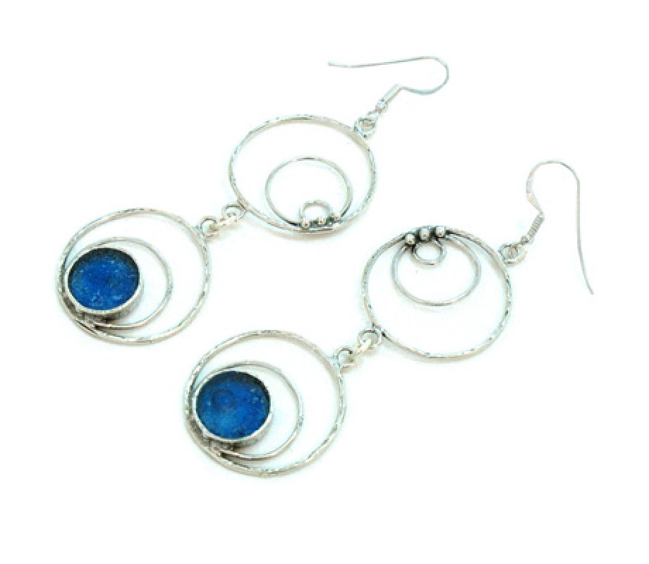 Michal Kirat Sterling Silver Drop Earrings, Concentric Circles and Roman Glass