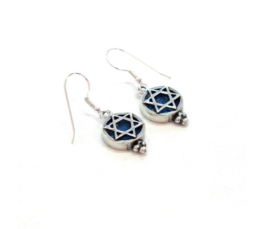 Michal Kirat, Sterling Silver Drop Earrings with Roman Glass and Star of David