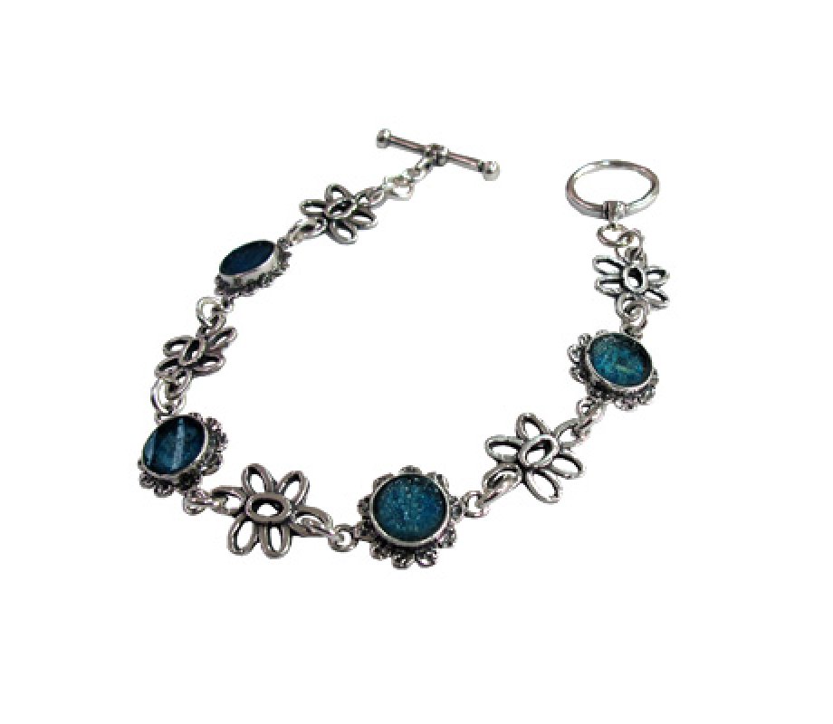 Michal Kirat Sterling Silver Floral Bracelet with Roman Glass Decorated Flowers