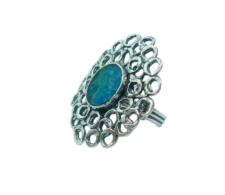 Michal Kirat Sterling Silver Ring, Roman Glass with Open Cut Apple Blossom Design