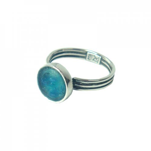 Michal Kirat Sterling Silver Ring, Small Round Roman Glass in Smooth Silver Frame
