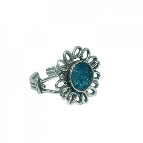 Michal Kirat Sterling Silver Ring with Circular Roman Glass Center in Petal Frame