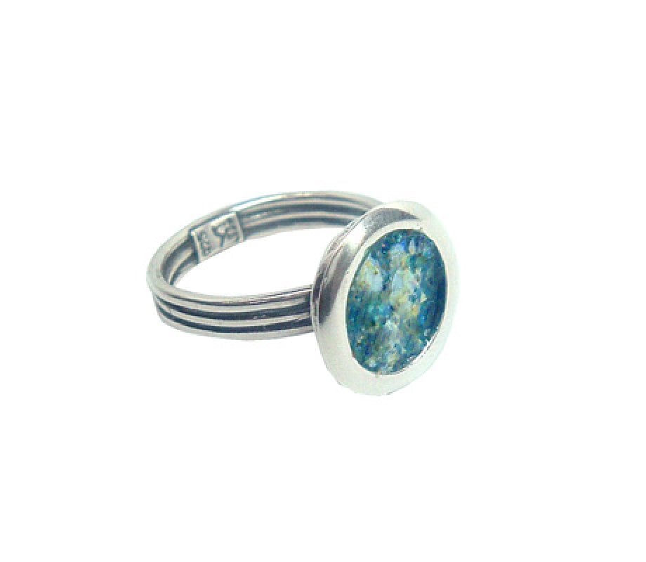 Michal Kirat, Sterling Silver Ring with Framed Round Roman Glass - Adjustable
