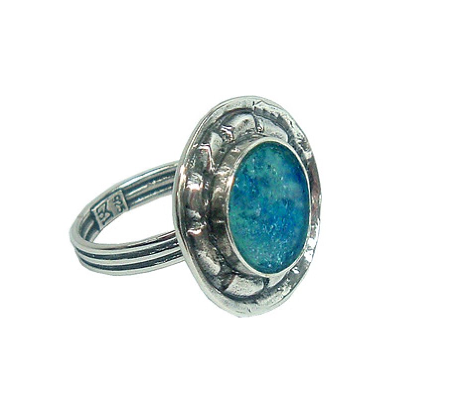 Michal Kirat Sterling Silver Ring with Roman Glass Center and Decorative Frame
