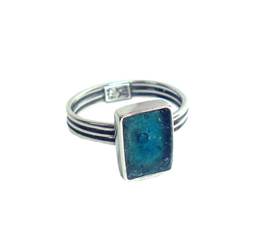 Michal Kirat Sterling Silver Ring with Small Roman Glass Stone - Adjustable Band