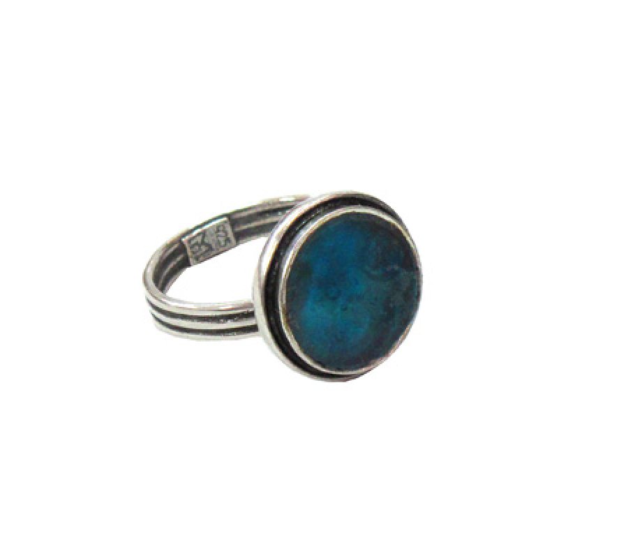 Michal Kirat Sterling Silver Round Ring with Framed Roman Glass - Adjustable Band