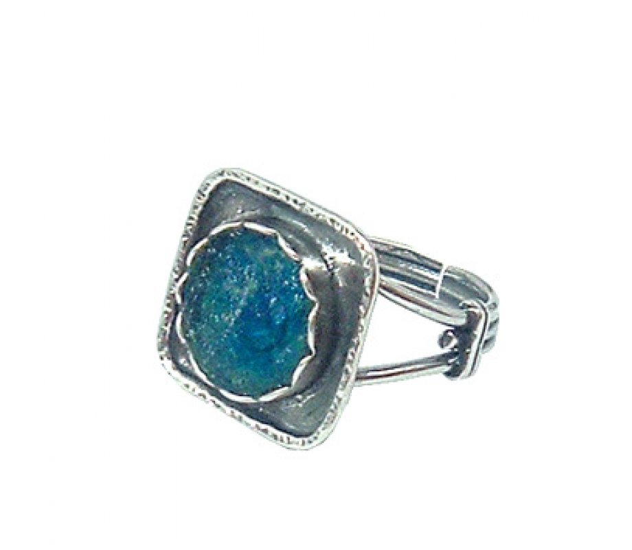 Michal Kirat Sterling Silver Square Ring, Roman Glass in Flower - Adjustable Band