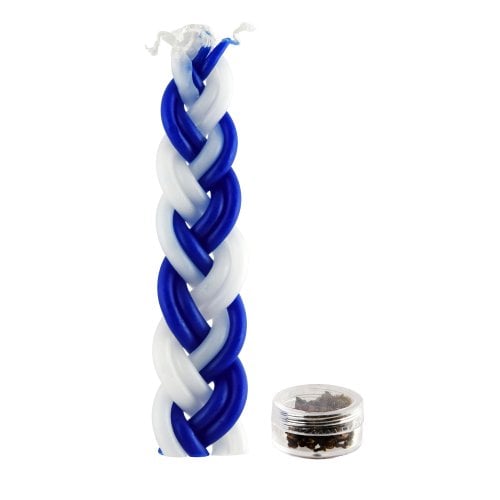 Mini Two in One, Braided Blue and White Havdalah Candle with Small Spice Box