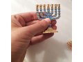 Miniature 7 Branch Menorah with Judaic Symbols, Blue on Gold - 2.7 Inches Height
