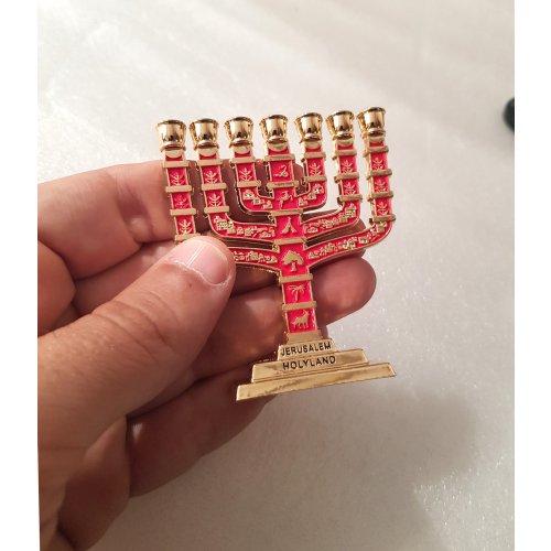 Miniature 7 Branch Menorah with Judaic Symbols, Red and Gold - 2.7 Height