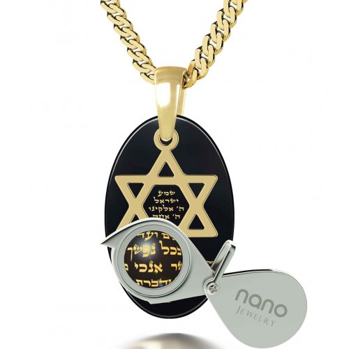 Nano Jewelry Gold Star of David Shema Onyx Mens Pendant by Nano Jewelry