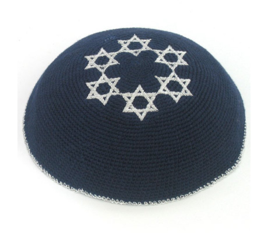 Navy Blue Knitted Kippah with Embroidered Silver Stars of David Decoration