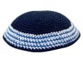 Navy Blue Knitted Kippah with White and Light Blue Border Stripes