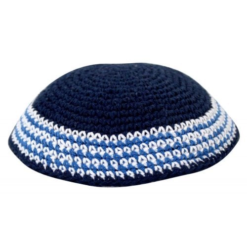Navy Blue Knitted Kippah with White and Light Blue Border Stripes
