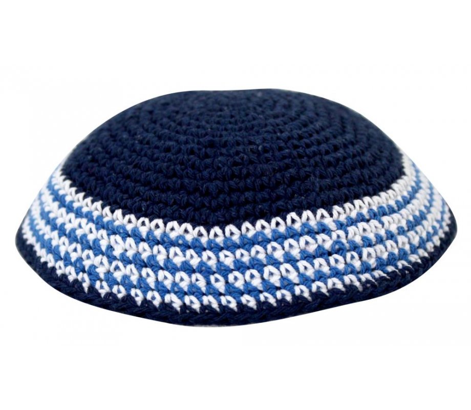 Navy Blue Knitted Kippah with White and Light Blue Border Stripes
