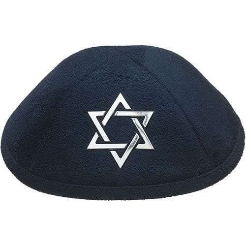 Navy Blue Suede Kippah with Silver Embroidered Star of David at the Front