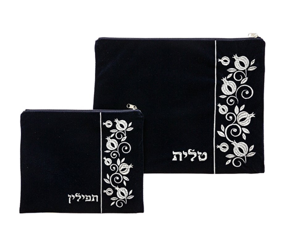 Navy Blue Velvet Tallit and Tefillin Bag Set – Embroidered Pomegranates on Side