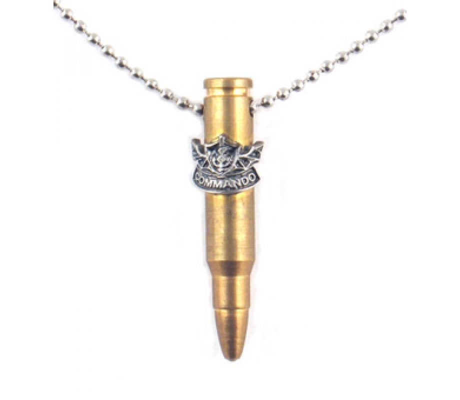 Necklace, Gold Israeli Army M-16 Rifle Bullet Pendant - Commando Unit Emblem
