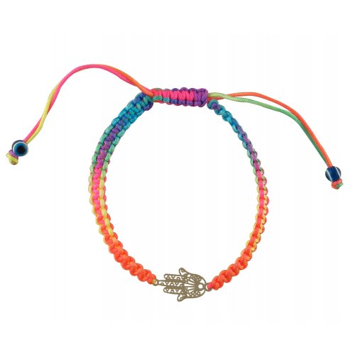 Neon Multicolor Braided Cord Bracelet - Silver Hamsa